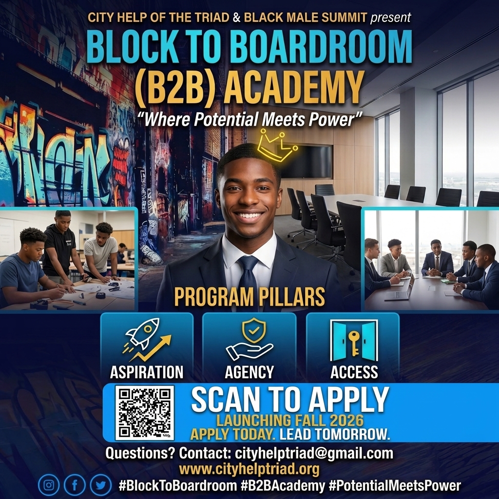 Block to the Boardroom Academy flyer with program pillars aspiration, agency and access