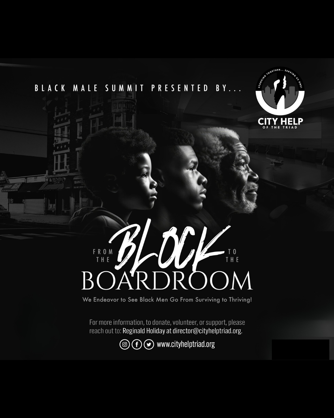 Original Black Male Summit artwork: a boy, a young man and an elder in profile above the words From the Block to the Boardroom
