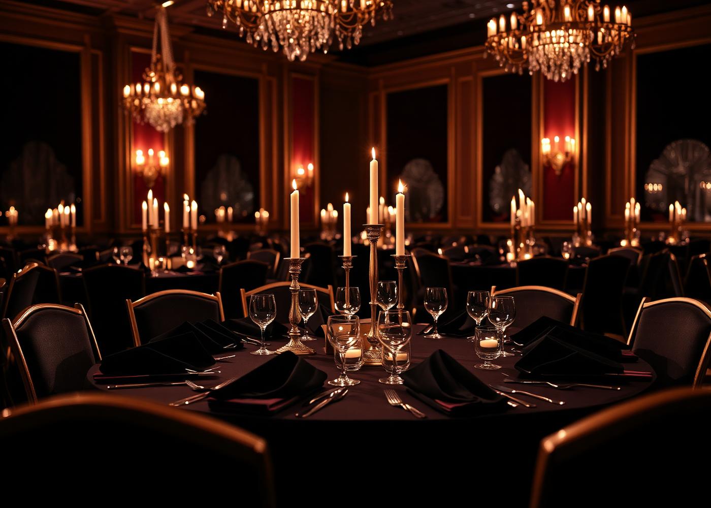 Candlelit banquet tables set for a black-tie gala